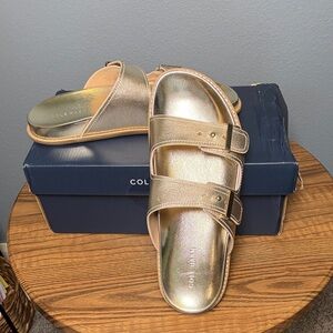 Cole Haan Women’s Metallic Gold Double-Buckle Slide Sandals